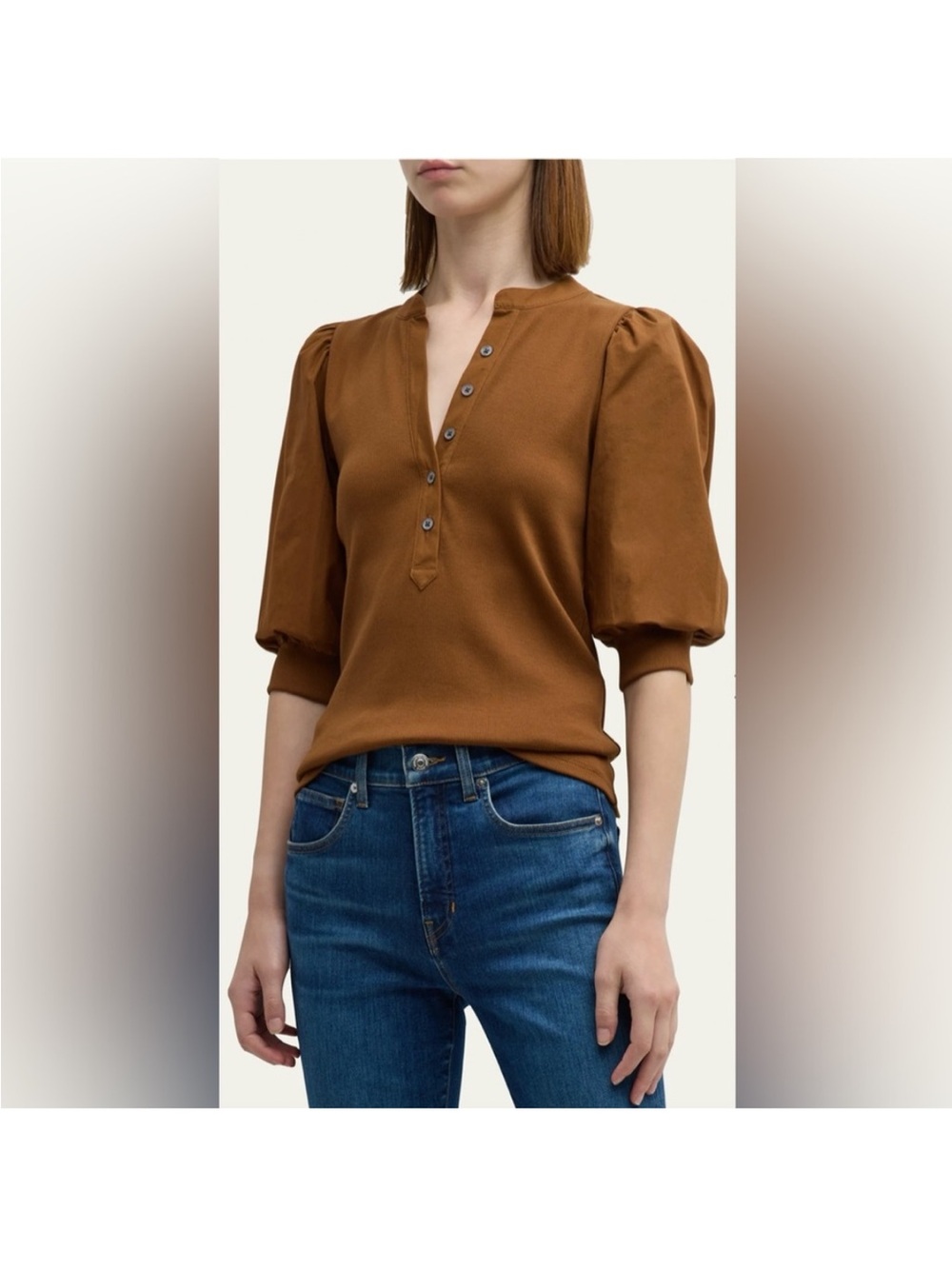 Veronica Beard Caramel Puff-Sleeve Henley Knit Top size medium